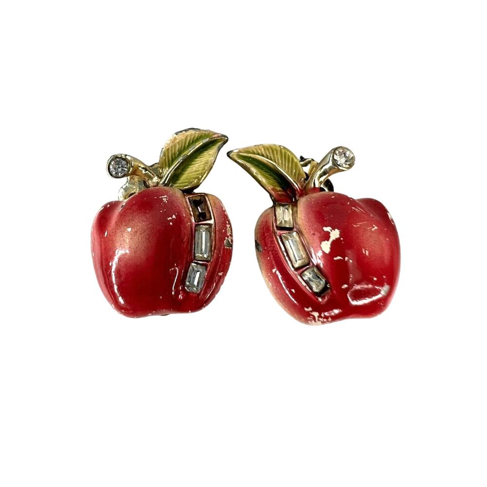 Vintage Red Gold-Tone Enamel Apple Shaped Small Clips - Lot of 2 Teacher‎